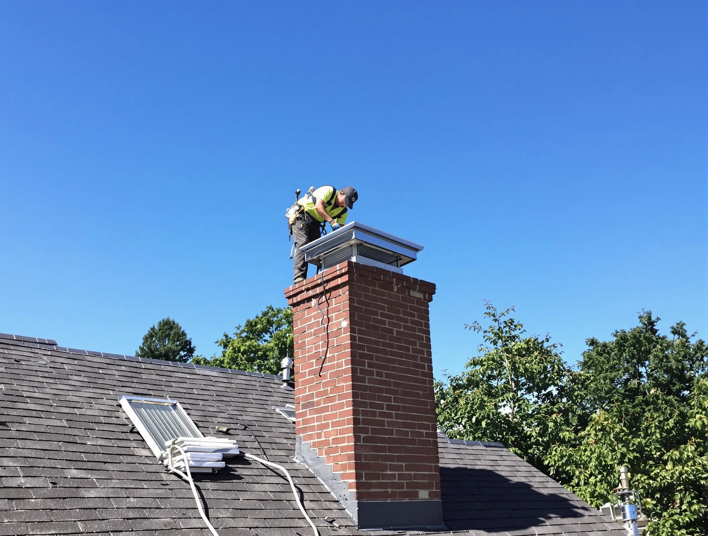 Ambridge Chimney Sweep technician measuring a chimney cap in Ambridge, PA